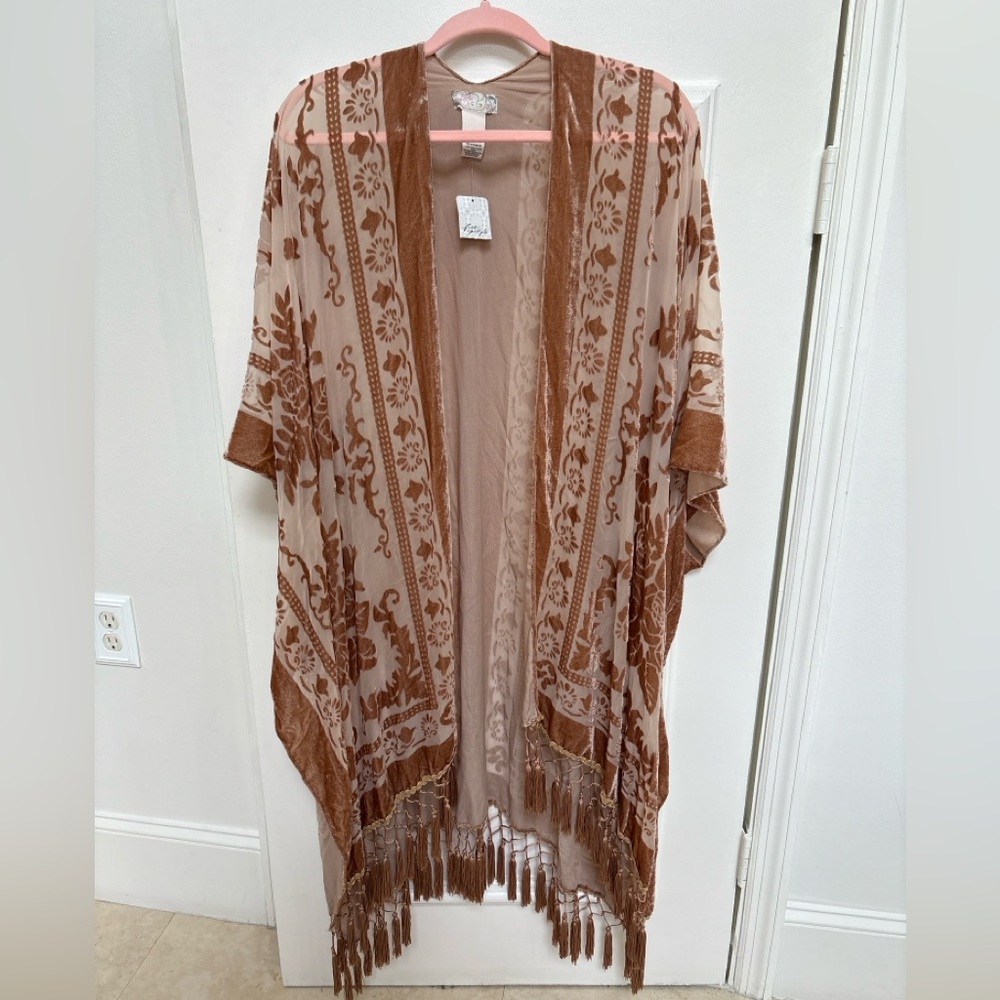 Free People Velvet Burnout Kimono with Fringe - One Size
